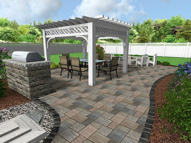3D redition of pergola, grill area on stone paved patio